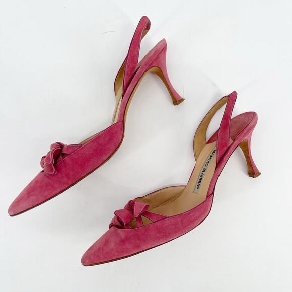 Vintage Manolo Blahnik Pink Suede Knotted Bow Pointed Toe Slingback Pump IT 39.5 - Picture 4 of 10